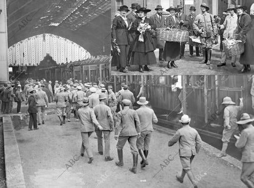 En la estación del Mediodía, en Madrid. Llegada de unos de los trenes que trajeron a los alemanes de Camerún el 3 de mayo de 1916. En el ángulo superior derecho, grupo de señoritas alemanas que los obsequiaron con flores